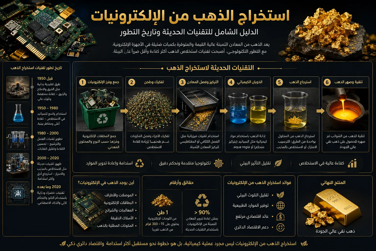 استخراج الذهب من الإلكترونيات: الدليل الشامل للتقنيات الحديثة وتاريخ التطور