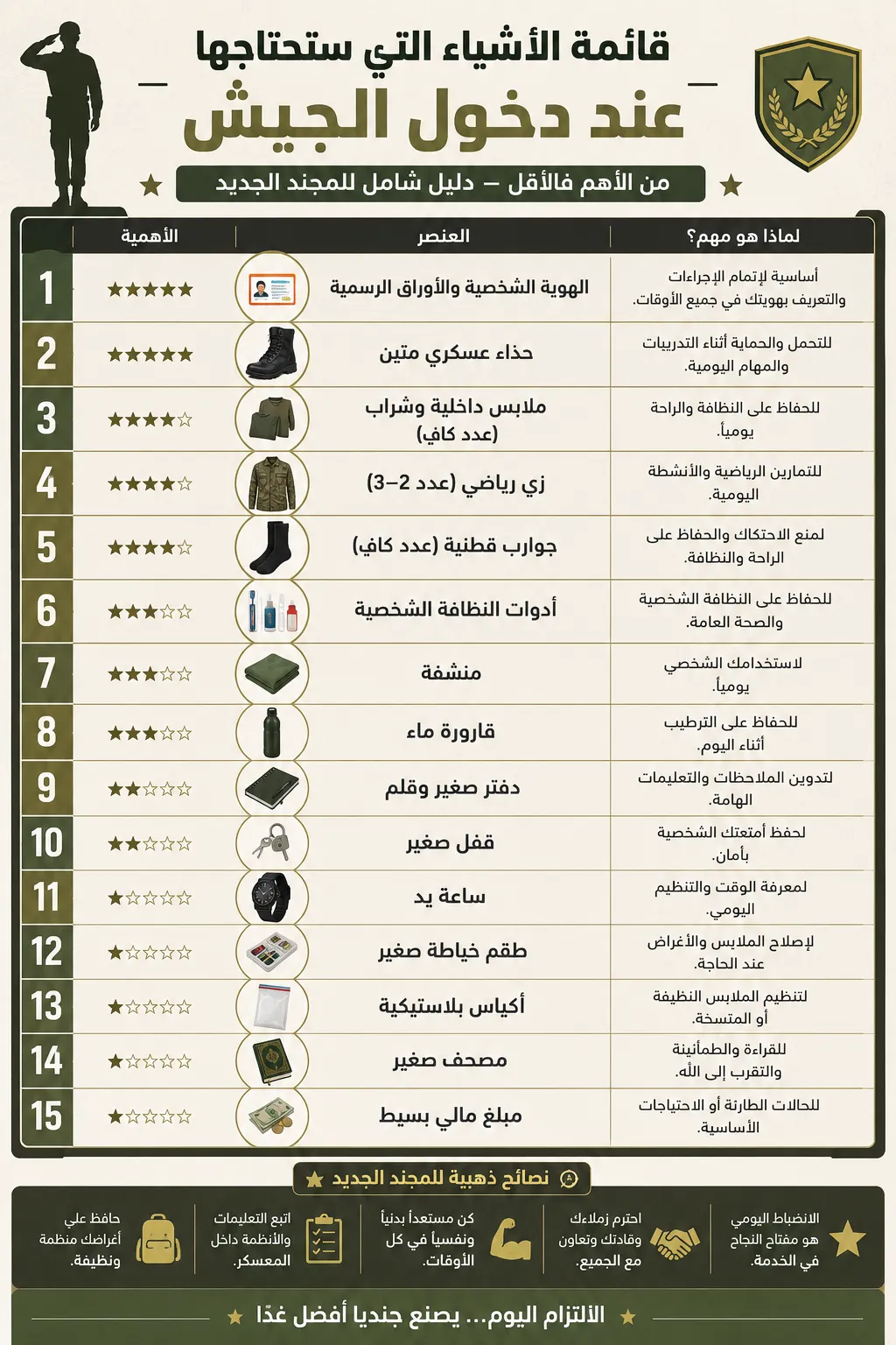 قائمة الأشياء التي ستحتاجها عند دخول الجيش من الأهم فالأقل: دليل شامل للمجند الجديد
