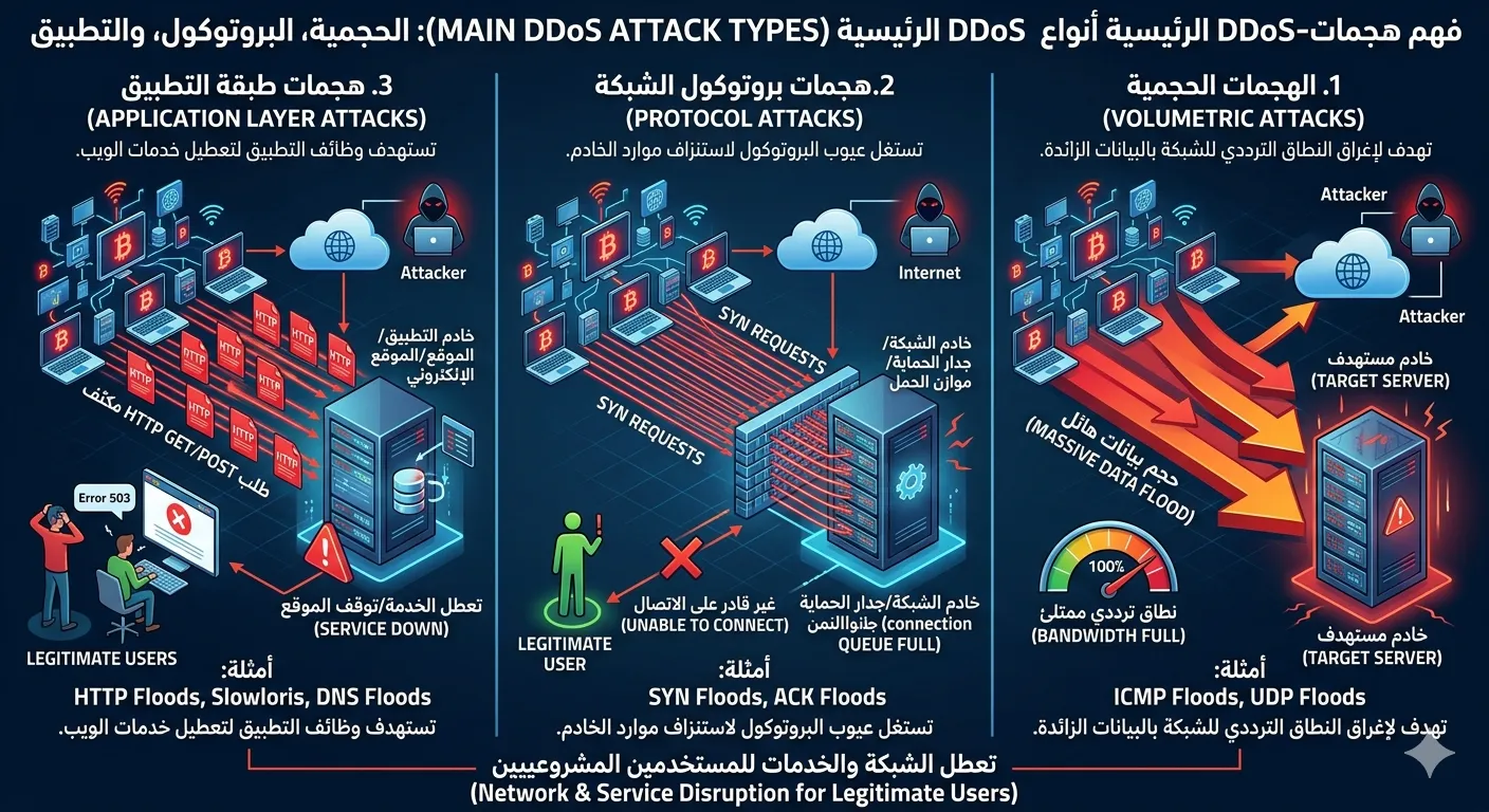هجمات DDoS: الهجمات الحجمية وبروتوكول الشبكة وطبقة التطبيق
